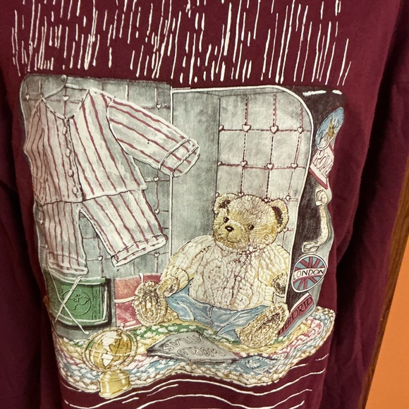 Vintage Teddy Bear Graphic Collared Sweatshirt Burgundy Cottagecore Top - Picture 7 of 12